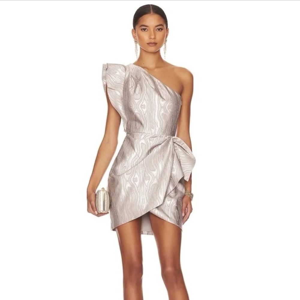 Saylor Ann Mini Dress XS Silver Metallic Jacquard One Shoulder Ruffle